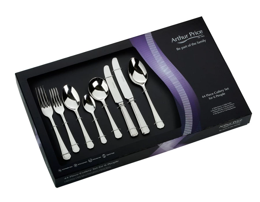 Arthur Price 44-Piece Stainless Steel Cutlery Set - Classic Grecian Design, 6-Person Place Setting, Gift Boxed
