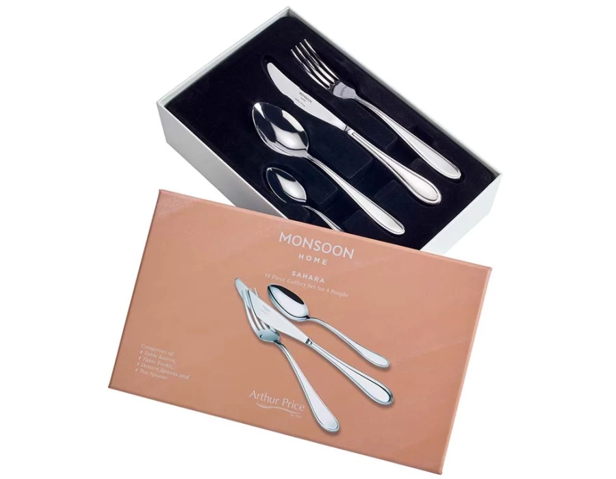 Arthur Price Monsoon Sahara 16-Piece Stainless Steel Cutlery Set, 4-Person Place Setting, Gift Boxed