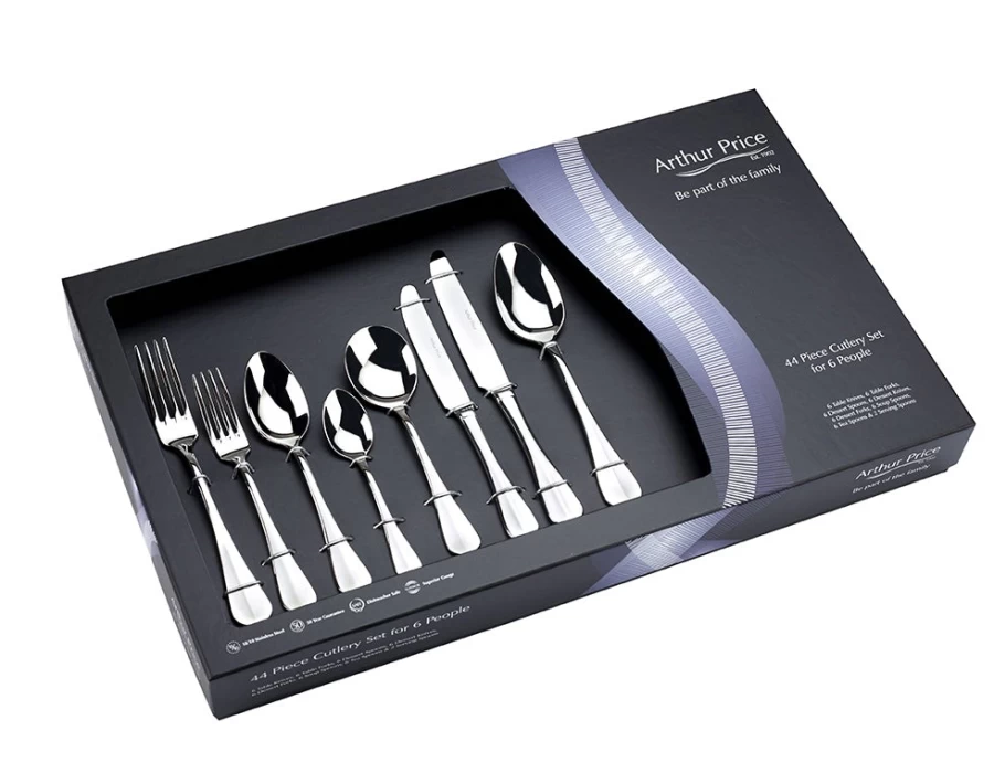 Arthur Price 44-Piece Everyday Classic Baguette Stainless Steel Cutlery Set - 6-Person Place Setting, Gift Boxed