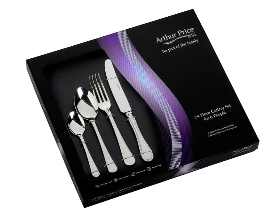 Arthur Price Britannia 24-Piece Stainless Steel Cutlery Set - 6-Person Place Setting, Classic Boxed Collection for Everyday Dining