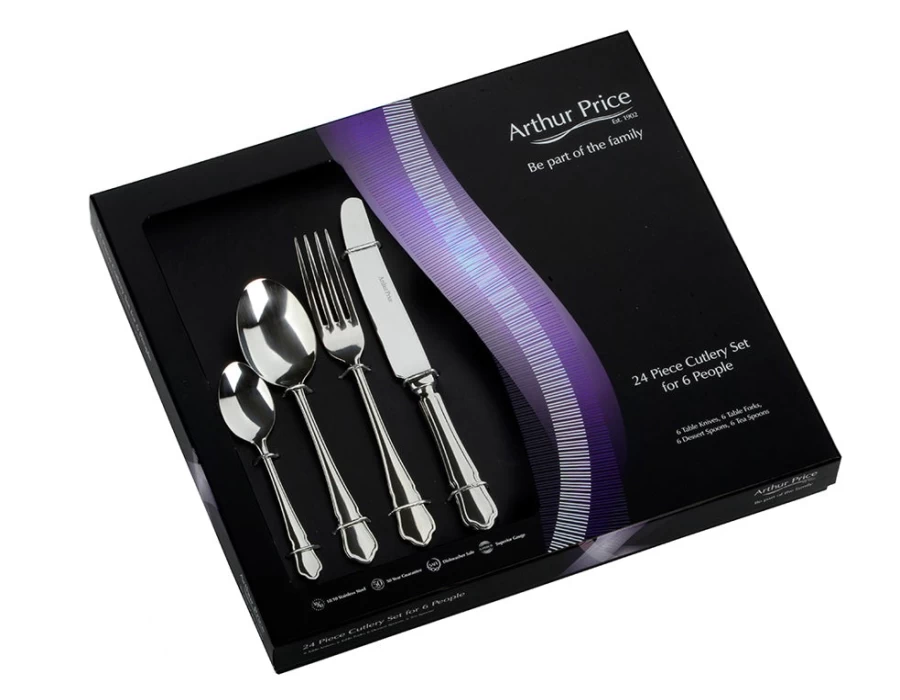 Arthur Price 24-Piece Stainless Steel Cutlery Set - Classic Everyday Dining for 6, Elegant Boxed Flatware Set