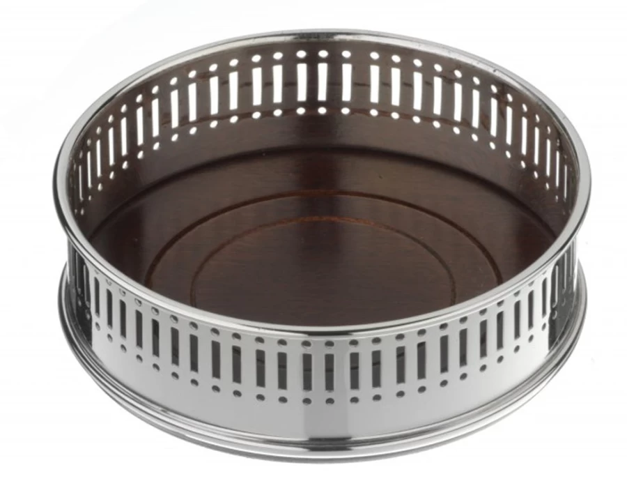Arthur Price Of England Silver Plated Bottle Coaster - Dark Wood Base & Elegant Pierced Design