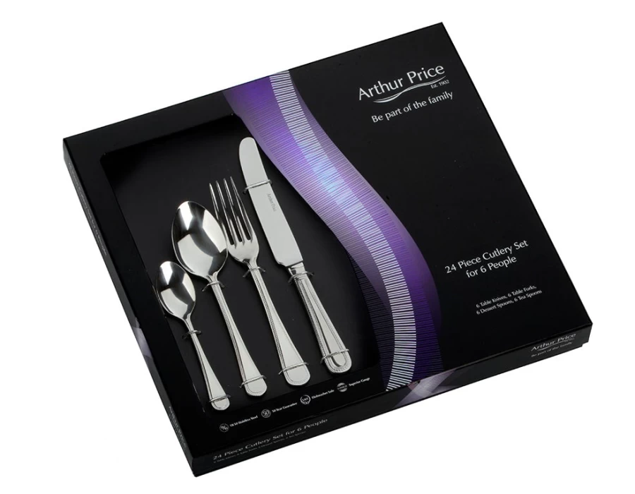 Arthur Price 24-Piece Stainless Steel Bead Cutlery Set - Classic Gift Boxed Silverware for 6 Place Settings