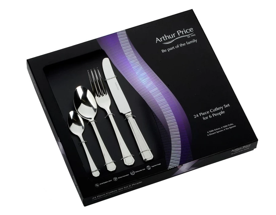 Arthur Price Everyday Classic Grecian 24-Piece Stainless Steel Cutlery Set - 6-Person Place Setting, Gift Boxed