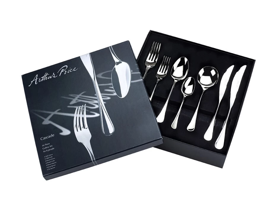 Arthur Price Signature Cascade 56-Piece Stainless Steel Cutlery Set for 8 People - Elegant Boxed Tableware Collection