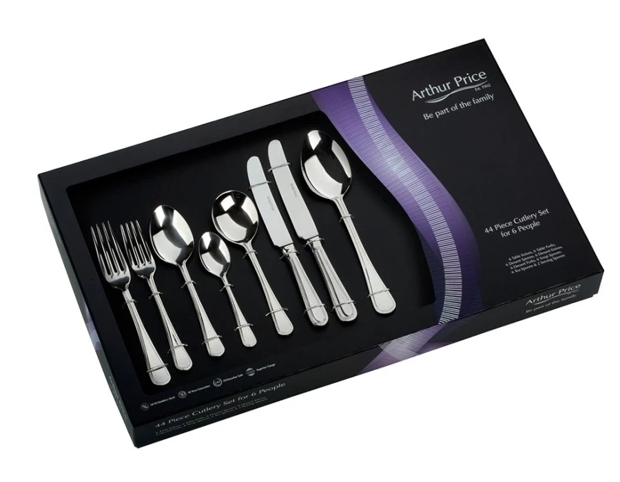 Arthur Price 44-Piece Stainless Steel Bead Cutlery Set - Classic Everyday Dining for 6, Gift Boxed