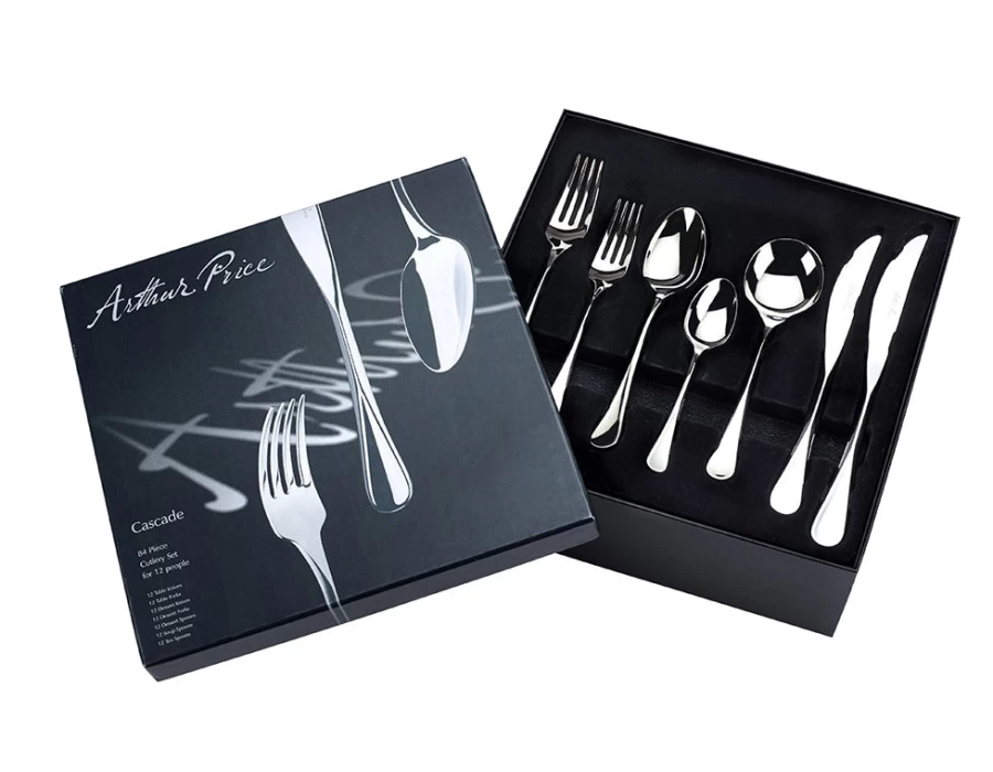 Arthur Price Signature Cascade 84-Piece Stainless Steel Cutlery Set - 12-Person Place Setting in Gift Box